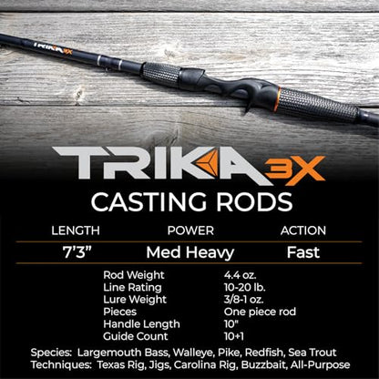 TRIKA 3X Carbon Rod Carbon Weave Rod for Extra Sensitive Vibration | Longer Casting | Lightweight Freshwater Fishing Pole - style: Casting 7'3" Medium Heavy/Fast 1pc.