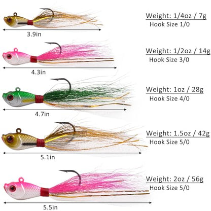Bucktail Jigs Saltwater Fishing Lures Bucktail Fishing Jigs Surf Fishing Lure Swimbait Jig Heads Hook for Bass Walleye Flounder Striper 1/4oz 1/2oz 1oz 1.5oz 2oz - size: 1oz-5pcs
