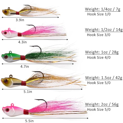 Bucktail Jigs Saltwater Fishing Lures Bucktail Fishing Jigs Surf Fishing Lure Swimbait Jig Heads Hook for Bass Walleye Flounder Striper 1/4oz 1/2oz 1oz 1.5oz 2oz - size: 1.5oz-5pcs