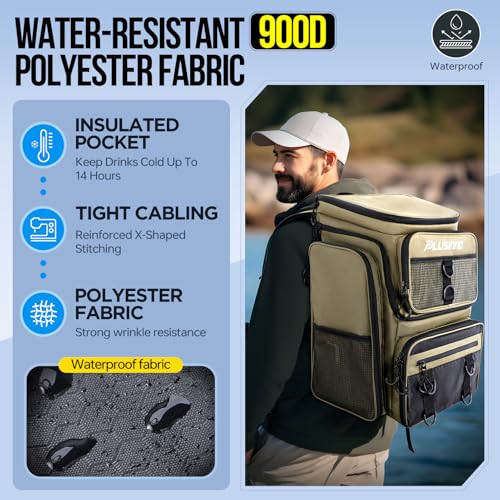 PLUSINNO Fishing Backpack with Tackle Boxes,Fishing Gear,42L Waterproof tackle Backpack with Rod Holders,Lures,Tools,Pliers & Accessories, Fish Gifts for Men - color: Khaki With Tools
