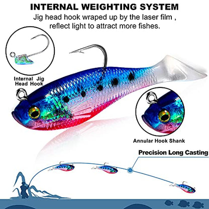PLUSINNO Fishing Lures, Trout Pike Walleye Bass Fishing Jig Heads, Pre-Rigged Soft Swimbaits with Ultra-Sharp Hooks, Bass Lures with Paddle Tail, Fishing Bait for Saltwater & Freshwater…