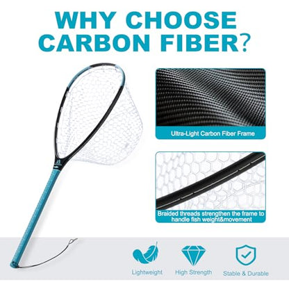 Maxcatch Fly Fishing Landing Net, Carbon Fiber Frame, Rubber Mesh, with Magnetic Net Release, for Trout Bass Catch and Release - style: Long Handle