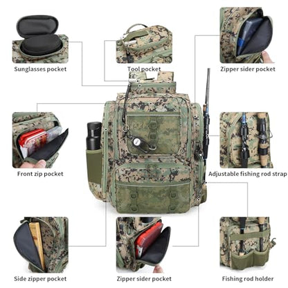 WANOON Fishing Backpack, Ttackle Bag,with Tackle Boxes. Large Fishing Bag Strong Materials - color: Camouflage Black, size: 42L-With Tackle Boxes