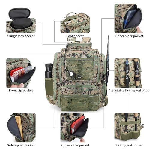 WANOON Fishing Backpack,Fishing Bag with Rod Holders. Large Ttackle Backpack Strong Materials,42L - color: Camouflage Black, size: 42L-Without Tackle Boxes