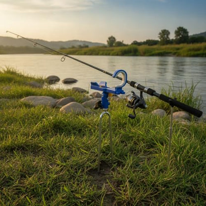 Fishing Rod Holder with Ground Spike, Foldable Metal Stake for Riverbank and Seaside Angling (1 PC) - color: Blue