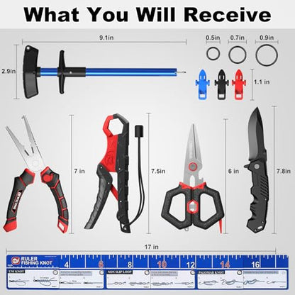 SNAIL TRAIL 7pc Fishing Tool Kit - 17" Pocket Fish Ruler & Knot Tying Guide, Split Ring Pliers, Braid Scissors & Bait Knife. Fish Lip Gripper, Hook Remover and Hook Keeper. Fisherman Gifts