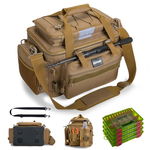 Goture Fishing Tackle Bag with 4pcs 3600 Tackle Boxes, 600D Water-Resistant Soft Side Saltwater Gear Storage Fishing Bag with Rod Straps, Detachable Water Bottle Pouch, Waterproof Bottom, SBS Zippers - color: C2:Khaki with 4 3600 Tackle Boxes, size: Large