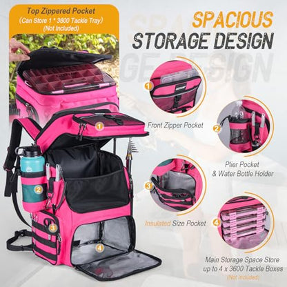 Goture Fishing Backpack,900D Water-Resistant Tackle Bag with Rod Holders, Insulated Cooler Compartment,55L Large Capacity Fishing Gear Storage for Saltwater&Freshwater Camping Hiking,Gifts for Women - color: A2:pink(without Tackle Boxes)