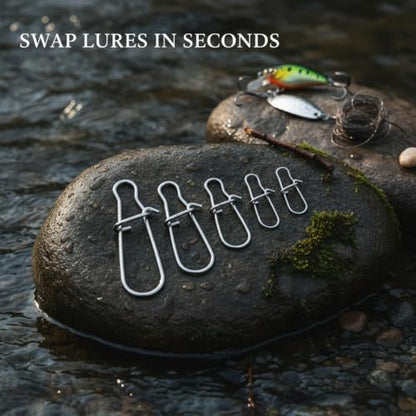 Gourd-Shape Stainless Steel Lure Snaps, Silver Finish Quick-Change Connectors for Saltwater and Freshwater Fishing Tackle (100-Pack Assorted Sizes) - size: 2.56 x 2.17 x 0.59"