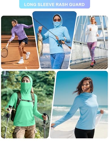 isnowood Women's Sun Protection Hoodie UPF 50+ Hiking Fishing Shirt, Long Sleeve UV Rash Guard with Face Mask Lightweight - color: Mint Green, size: X-Small