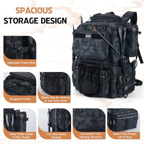 Goture Fishing Backpack with 4 Tackle Boxes, 78L 600D Water-Resistant Tackle Backpack with Cooler,Rod Holders, 8 Lure Pockets, Rain Cover, Large Fishing Bag Storage Gear Tackle Bag for Camping Hiking - color: D1:78L Insulated Camo(With 4 3700 Tackle Boxes