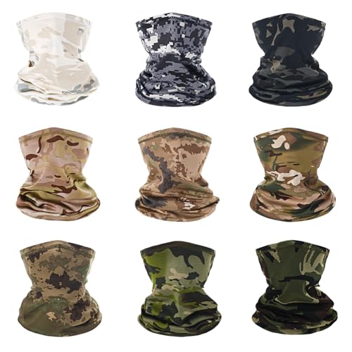 9 Pack Neck Gaiter Sun Protection Face Masks Breathable Windproof Face Cover UV Protection Bandana Scarf for Men Women - color: Camouflage