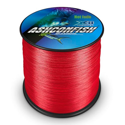 Ashconfish Braided Fishing Line Color Never Fade 8 Strands Super Strong PE Fishing Line Abrasion Resistant Fishing Wire Zero Stretch 6lb to 300lb - color: Red, size: 109Yards(100m)-6lb/0.10mm