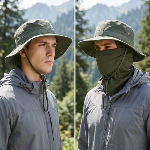 Pistha Sun Hats for Men with Balaclava Face Mask, UV Protection Bucket Hats for Mens Outdoor Fishing Safari Hiking - color: Army Green