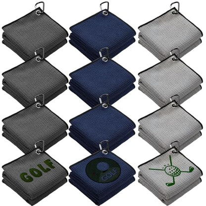 Batiyeer 12 Pcs Golf Towel Bulk for Golf Bags Microfiber Fabric Towel with Clip Waffle Pattern, Fitness, Camping, Hiking, Yoga - color: Navy Blue, Dark Gray, Light Gray