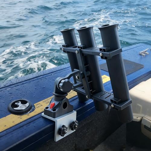 3 Pole Fishing Rod Holder with Aluminum 90° Boat Track Bracket Base 360° Rotating, Deck/Side Mount Rod Holder for Versatrack System/Ranger Track System