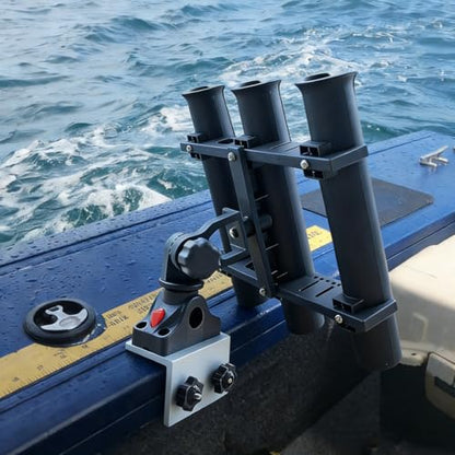 3 Pole Fishing Rod Holder with Aluminum 90° Boat Track Bracket Base 360° Rotating, Deck/Side Mount Rod Holder for Versatrack System/Ranger Track System
