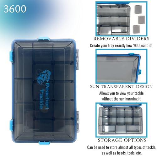Reaction Tackle Standard Tackle Trays, Plastic Tackle Box Organizers with Four Secure Latches, Removable Dividers and Semi Transparent Lid for Fishing Storage - 3600 (2-Pack) - size: 3600 (2-Pack)