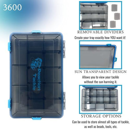 Reaction Tackle Standard Tackle Trays, Plastic Tackle Box Organizers with Four Secure Latches, Removable Dividers and Semi Transparent Lid for Fishing Storage - 3600 (2-Pack) - size: 3600 (2-Pack)