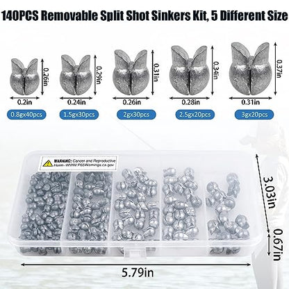 100pcs Split Shot Fishing Weights Removable Round Clip On Fly Fishing Line Sinkers Freshwater Saltwater Split Shot Fishing Sinkers Weights - style: Mix Sizes 140pcs