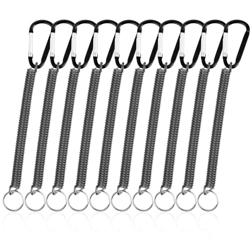 Fishing Lanyards, 10 Pcs Heavy Duty Retractable Coiled Lanyard Spring Coil Cord Keychain, Fishing Tool Tether Steel Wire Coiled Lanyard with Keychain for Pliers Boating Kayak Pliers Boating, Black