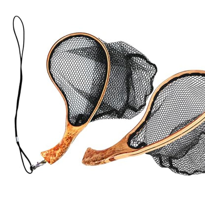 Fishing Landing Net Wooden Handle Black Mesh Catch-Release | Trout Net for Fishpond Bass Fishing