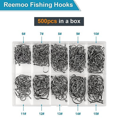 500PCS/100PCS ReeMoo Premium Fishing Hooks, 10 Sizes/4 Sizes Carbon Steel Fishing Hooks W/Portable Plastic Box, Strong Sharp Fish Hook with Barbs for Freshwater/Seawater - style: 500pcs