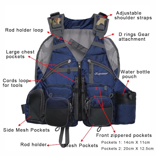 Raprance Fly Fishing Vest Backpack - Adjustable Lightweight and Quick-Dry, with 17 Pocketsfor Trout Bass Saltwate - color: Blue