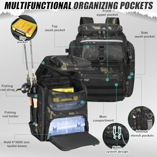 HAMBOLY Fishing Backpack 45L with Rod Holders, Water-Resistant Tackle Backpack for Fishermen, Large Capacity Fishing Gear Bag for Travel Hiking Camping - color: Dark CM