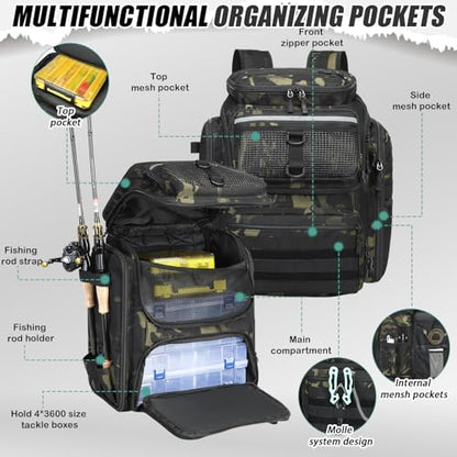 HAMBOLY Fishing Backpack 45L with Rod Holders, Water-Resistant Tackle Backpack for Fishermen, Large Capacity Fishing Gear Bag for Travel Hiking Camping - color: Dark CM (4 Tackle Boxes Included)