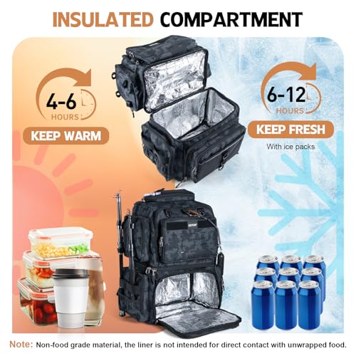 Goture Fishing Backpack with 4 Tackle Boxes, 78L 600D Water-Resistant Tackle Backpack with Cooler,Rod Holders, 8 Lure Pockets, Rain Cover, Large Fishing Bag Storage Gear Tackle Bag for Camping Hiking - color: D1:78L Insulated Camo(With 4 3700 Tackle Boxes