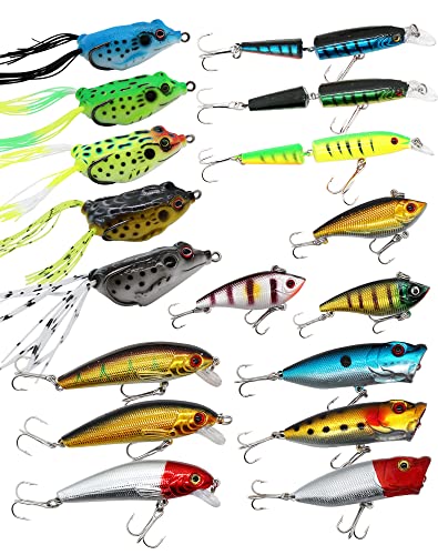 Fishing Lure Set Fishing Spoons Frog Lures Soft Hard Metal Lure Crank Popper Minnow Pencil Jig Hook for Trout Bass Salmon with Tackle Box - color: Mix-17pcs