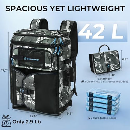 Calamus GearMaster Tackle Backpack with Bait Binder, Large Lightweight Water-Resistant Fishing Bag, Rod Holders, Food Storage - color: Black Camo With (4) 3600 Tackle Boxes