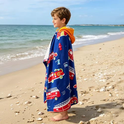 VOOVA & MOVAS Kids Bath Towels Age 3-8, 30''X50, Soft | Thick | 100% Cotton, Beach | Pool | Bath | Swim Towels | Cover Up for Boys, Blue Fire Truck Theme - color: Blue Fire Truck, size: 50.00''x30.00''(3-8 Years)