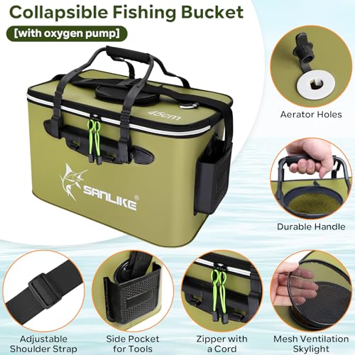 SANLIKE Foldable EVA Live Fish Bucket 35-45CM Leakproof Fishing Bait Pail | Leakproof EVA, 3 sizes. Strap, tackle pocket & mesh lid. Easy clean, dual colors for kayak bank fishing