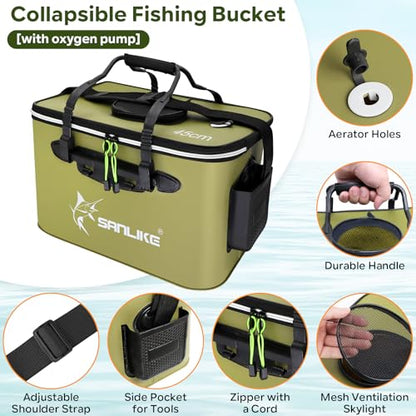 SANLIKE Foldable EVA Live Fish Bucket 35-45CM Leakproof Fishing Bait Pail | Leakproof EVA, 3 sizes. Strap, tackle pocket & mesh lid. Easy clean, dual colors for kayak bank fishing