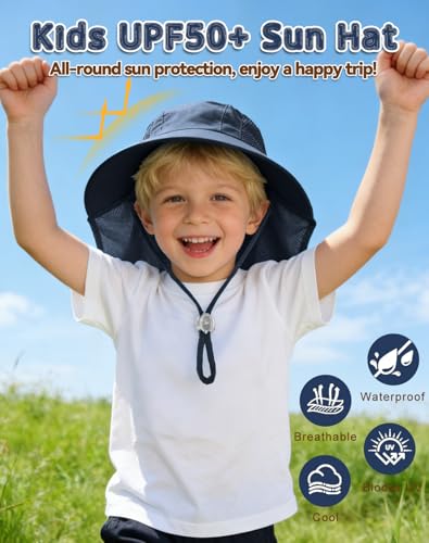 Rosoz Kids Sun Hat with Neck Flap UV Protection Summer Toddler Beach Hat Unisex Ponytail Hat Wide Brim Fishing Hat - color: Navy Blue+white