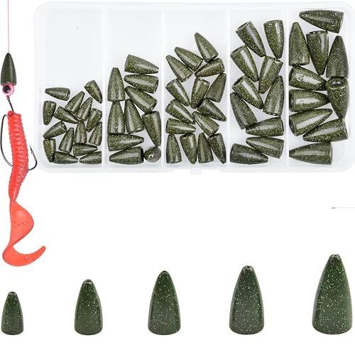 Bullet Fishing Sinkers Bass Fishing Weights Kit, 60pcs Worm Fishing Slip Weights Painted Pitching Flipping Weight Worm Weights for Bass Fishing Texas Rig Carolina Rig - style: Green-60pcs