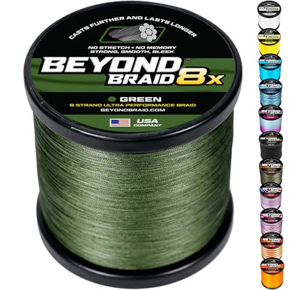 Beyond Braid Braided Fishing Line -Super Strong - Abrasion Resistant - No Stretch -Blue Camo, Moss Camo, White, Green, Pink, Blue, 4 Strand 8 Strand - color: Green 8X - No Fade, size: 50LB (500 Yards)