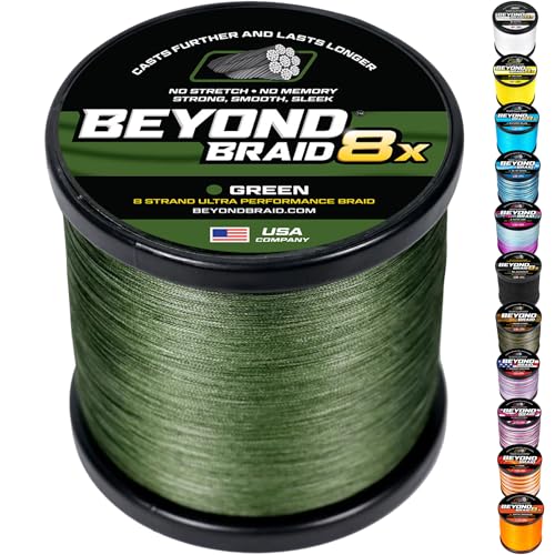 Beyond Braid Braided Fishing Line -Super Strong - Abrasion Resistant - No Stretch -Blue Camo, Moss Camo, White, Green, Pink, Blue, 4 Strand 8 Strand - color: Green 8X - No Fade, size: 40LB (300 Yards)