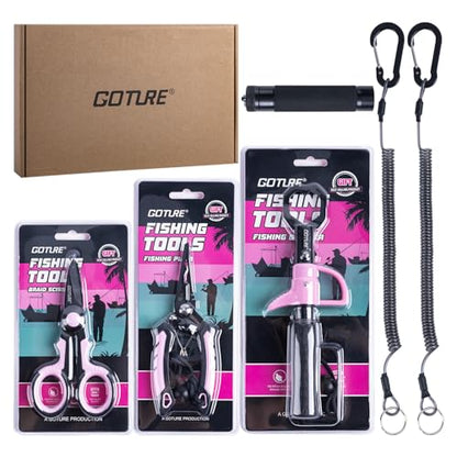 Goture Fishing Tool Kit,Fishing Pliers,Fillet Knife with Sheath,Fish Lip Gripper,Fish Hook Remover,Lanyard,Line Scissors,Sharpener,Stainless Steel Soap,Saltwater Gear Kit,Red/Pink,Gifts for Men/Women - color: B2:6pcs Pink Fishing Tool Kit