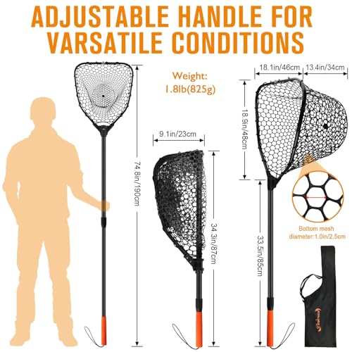 Dovesun Rubber Fishing Landing Nets Telescopic Handle Nets Folding Nets with Collapsible Handle for Catch & Release Fishing Gift 17.6" dia-13.7" Depth Black/Orange - color: Black