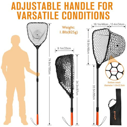 Dovesun Rubber Fishing Landing Nets Telescopic Handle Nets Folding Nets with Collapsible Handle for Catch & Release Fishing Gift 17.6" dia-13.7" Depth Black/Orange - color: Black