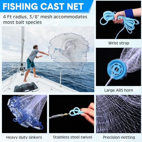 Threehoney Set of 4 Saltwater Fishing Cast Net, Foldable Fish Bucket, Folding Fishing Landing Net, and 110lb Digital Scale, 6 Gallon Live Fish Bait Bucket - color: Blue, size: 4ft