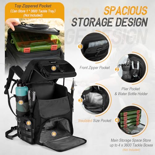 Goture Fishing Backpack, 900D Water-Resistant Tackle Bag with Rod Holders, Insulated Cooler Compartment, 55L Large Capacity Fishing Gear Storage for Saltwater&Freshwater Camping Hiking,Gifts for Men - color: A2:black(without Tackle Boxes)