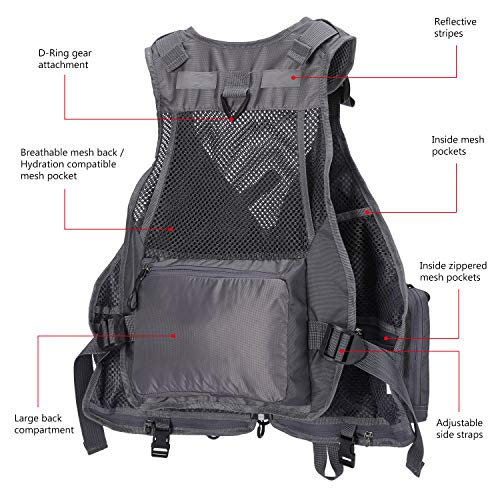 BASSDASH Strap Fishing Vest Adjustable for Men and Women, for Fly Bass Fishing and Outdoor Activities - color: F22 - Grey