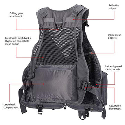BASSDASH Strap Fishing Vest Adjustable for Men and Women, for Fly Bass Fishing and Outdoor Activities - color: F22 - Grey