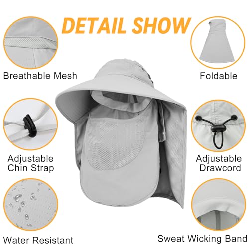 Sun Hats for Men Women Detachable Face Cover Wide Brim Fishing Hats with Neck Flap UPF 50+ Outdoor Safari Hats - color: Light Grey