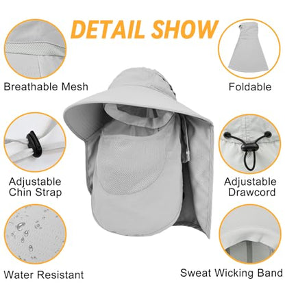 Sun Hats for Men Women Detachable Face Cover Wide Brim Fishing Hats with Neck Flap UPF 50+ Outdoor Safari Hats - color: Light Grey