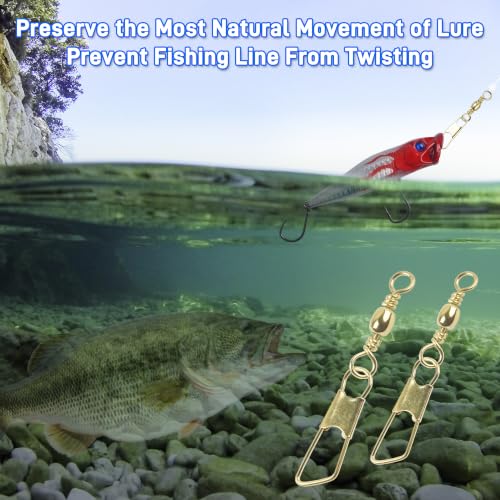 SILANON Fishing Barrel Snap Swivels, 60pcs Barrel Swivels with Safety Snaps Stainless Steel Brass Gold Barrel Swivels Fishing Tackle Solid Ring Lure Leader Line Connectors Saltwater Freshwater - size: 2#-60pcs